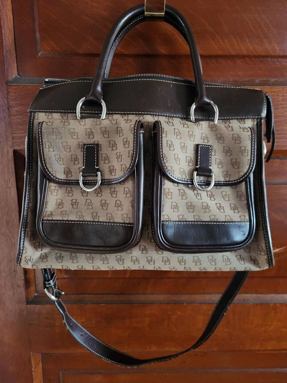 Dooney & Bourke Signature Jacquard Mocha Double Pocket Handbag/Tote